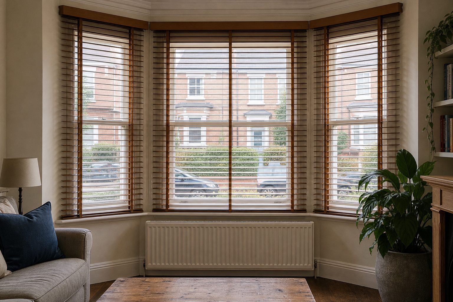 Stained wooden slat blinds fitted across the three faces of a bay window